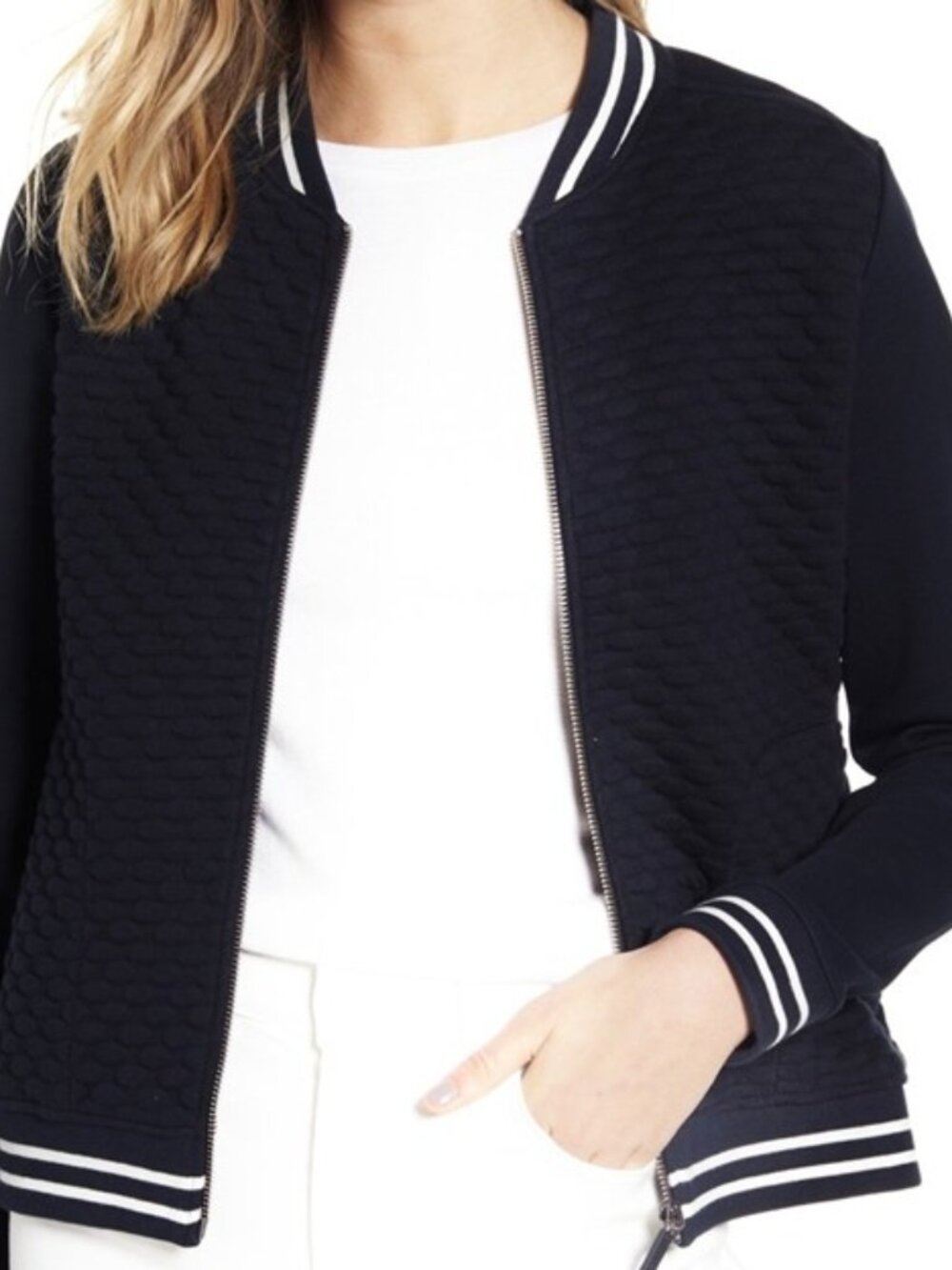Old Navy Quilted Bomber Jacket Full Zip Coat Black with White Trim Size XXL NEW